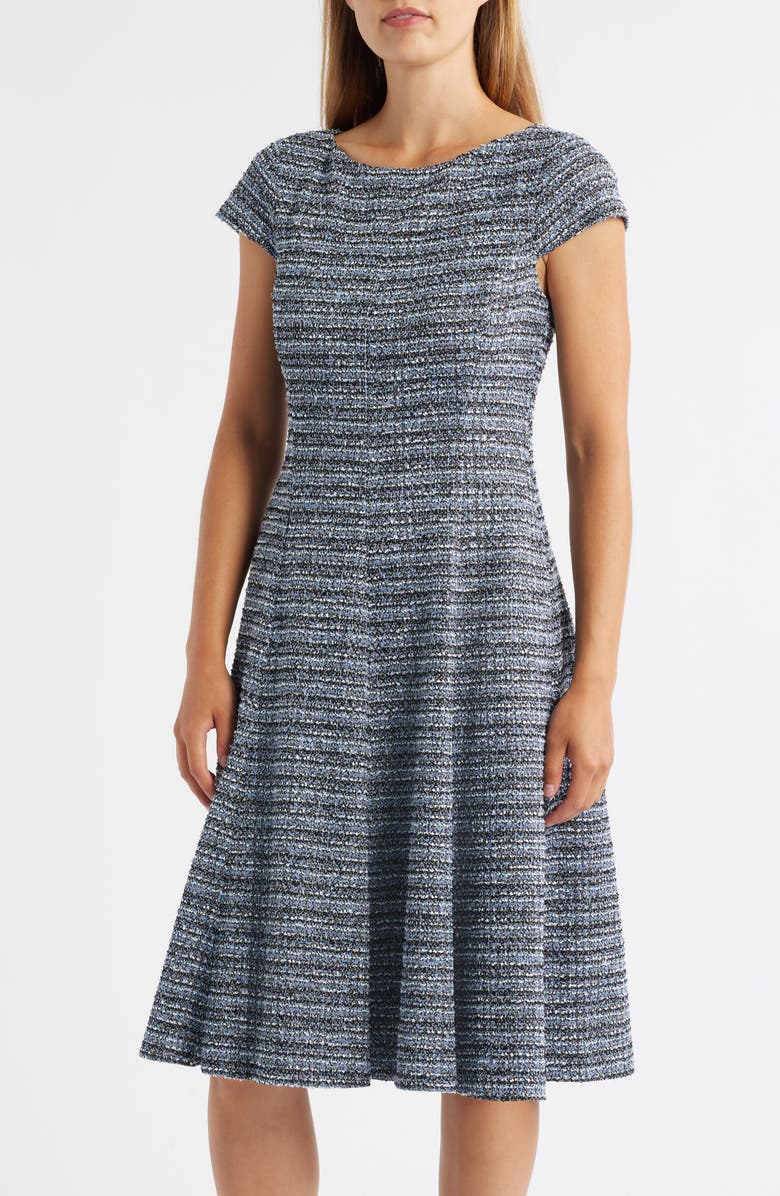 Eliza J Tweed Cap Sleeve Fit & Flare Dress, Main, color, Black Blue