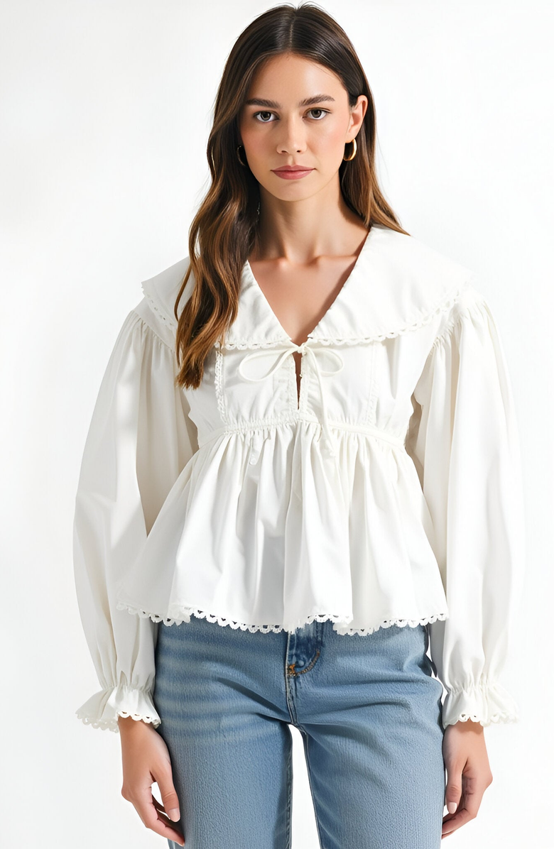 Modenaire Peplum Blouse with Oversized Collar, Scalloped Trim and Long Sleeves, Main, color, 