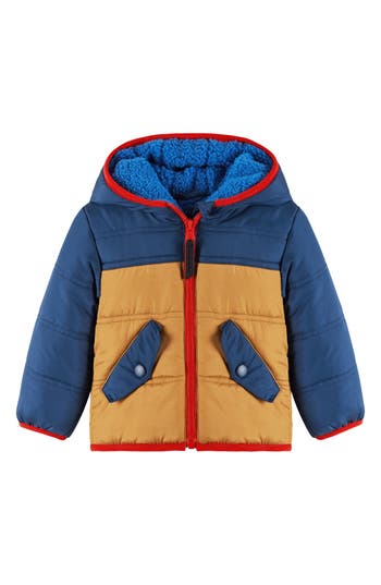 Andy & Evan Colorblock Faux Shearling Lined Hooded Puffer Jacket In Blue