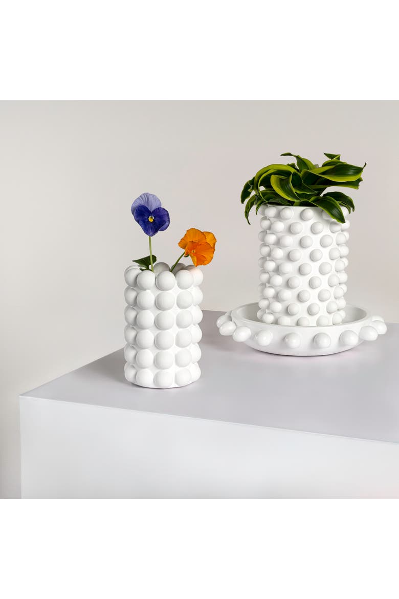 Petra Modern Minimalist Handmade Concrete Bubble Cylinder Vase Set with Decorative Tray, Alternate, color, White