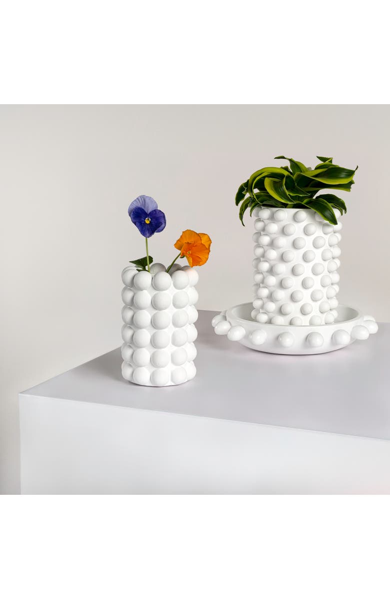 JONATHAN Y Petra Modern Minimalist Handmade Concrete Bubble Cylinder Vase Set with Decorative Tray, Alternate, color, White