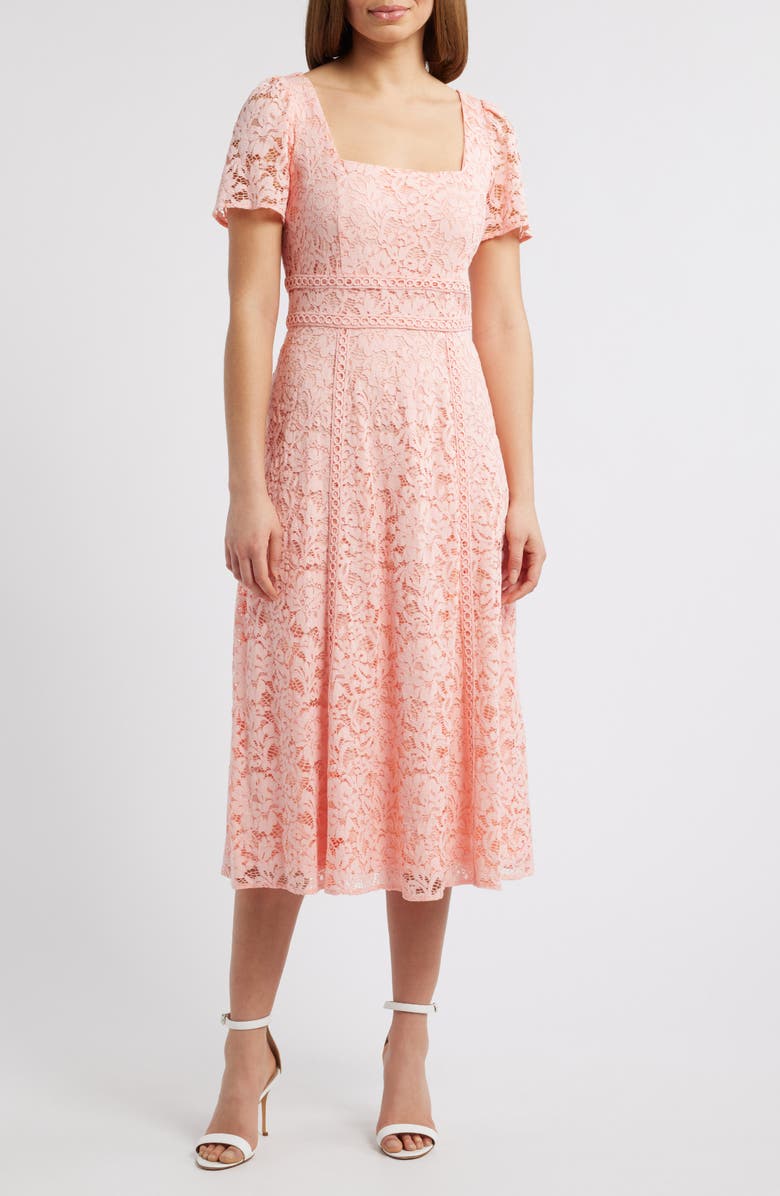 Anne Klein Square Neck Puff Sleeve Midi Dress, Main, color, Blossom