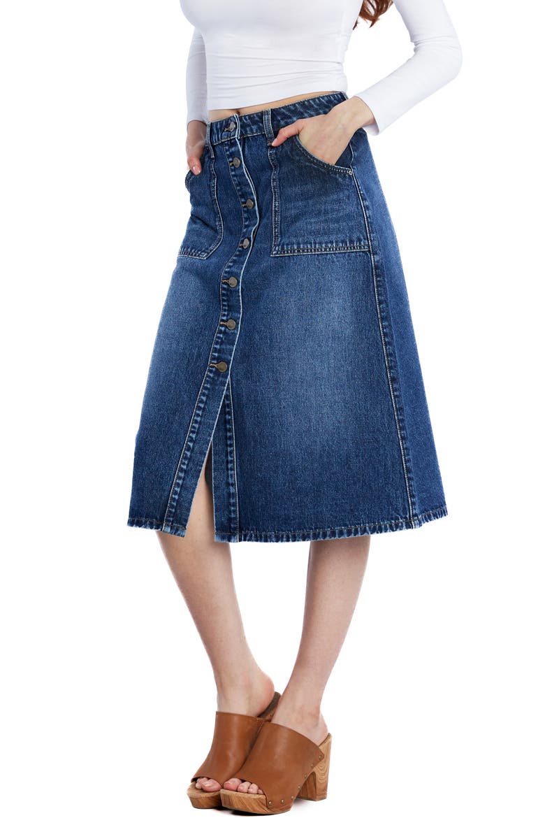 Button Front A-Line Denim Skirt, Alternate, color, DEEP SEA BLUE
