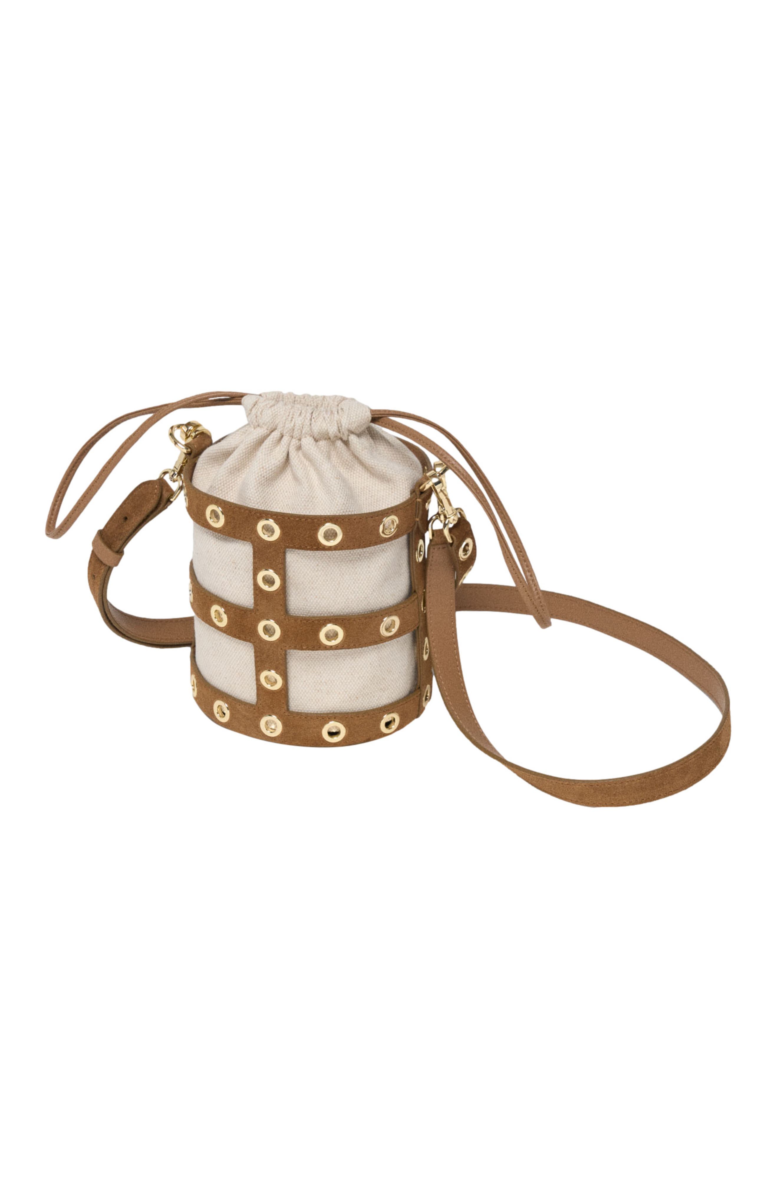 maje Suede Miss M bucket bag, Alternate, color, Camel