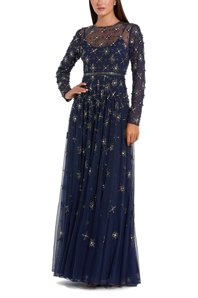 Long Sleeve Crystal Embellished Evening Gown, Main, color, Midnight