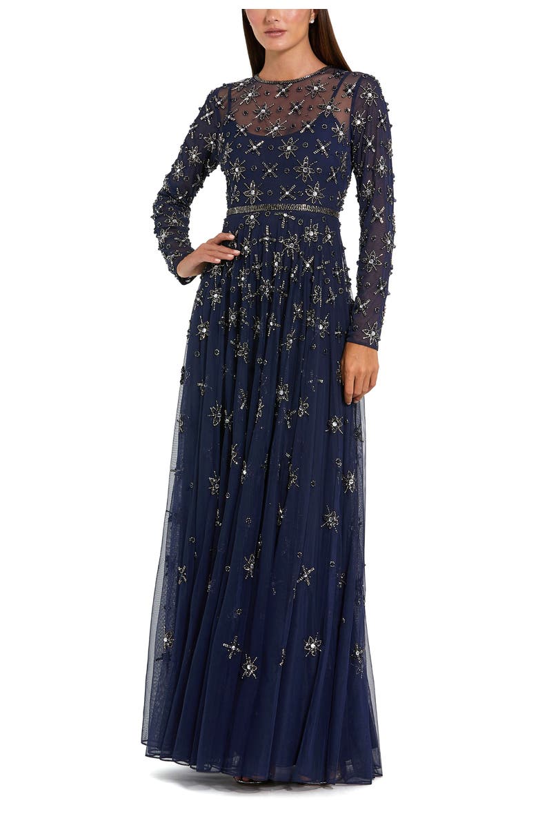 Mac Duggal Long Sleeve Crystal Embellished Evening Gown, Main, color, Midnight