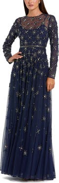 Mac Duggal Long Sleeve Crystal Embellished Evening Gown