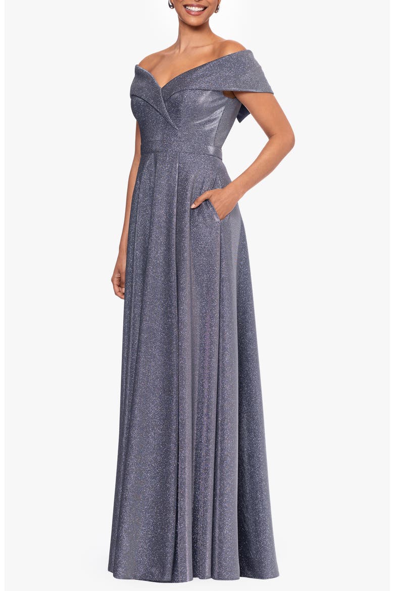 Glitter Off the Shoulder Gown, Alternate, color, GUNMETAL