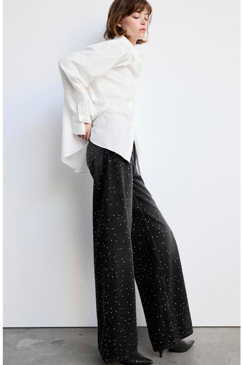 Caribe Rhinestone Embellished Wide Leg Jeans, Alternate, color, BLACK DENIM