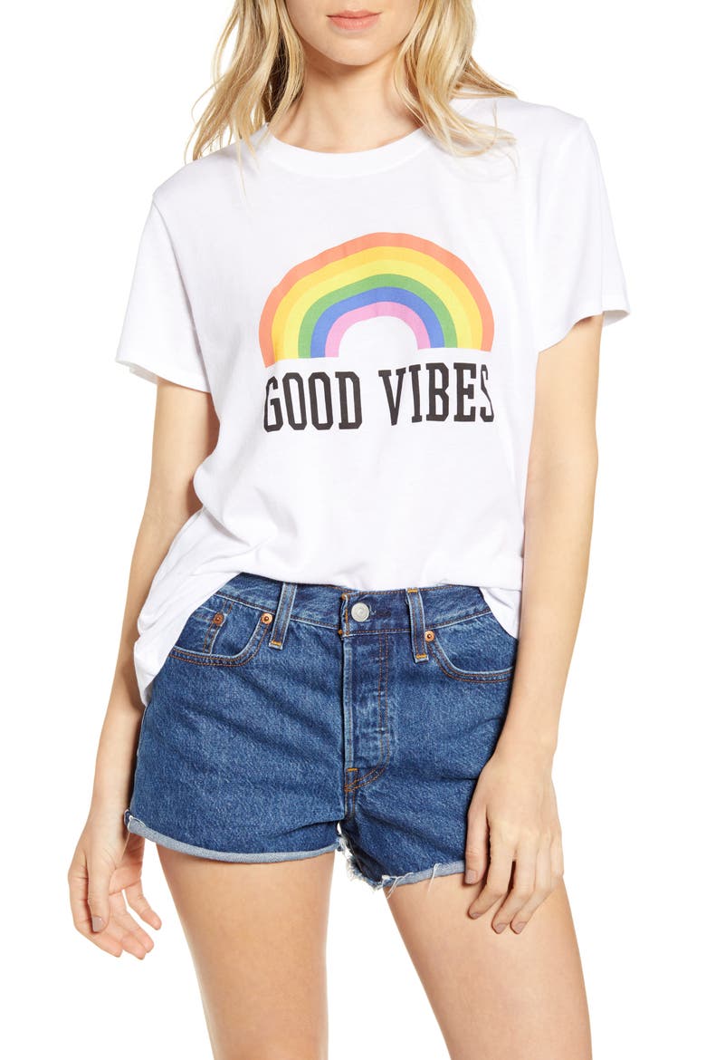 Good Vibes Rainbow Graphic Tee, Main, color, WHITE
