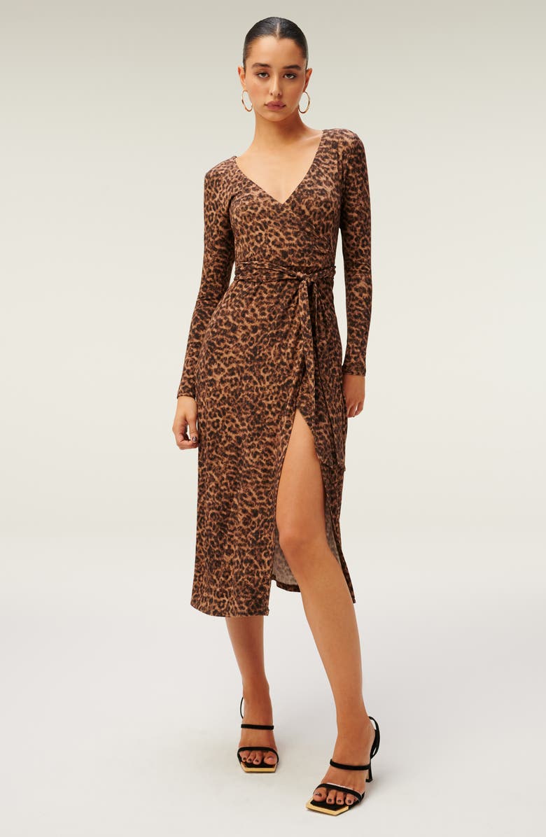 Good American Daynight Leopard Print Long Sleeve Wrap Dress, Alternate, color, 