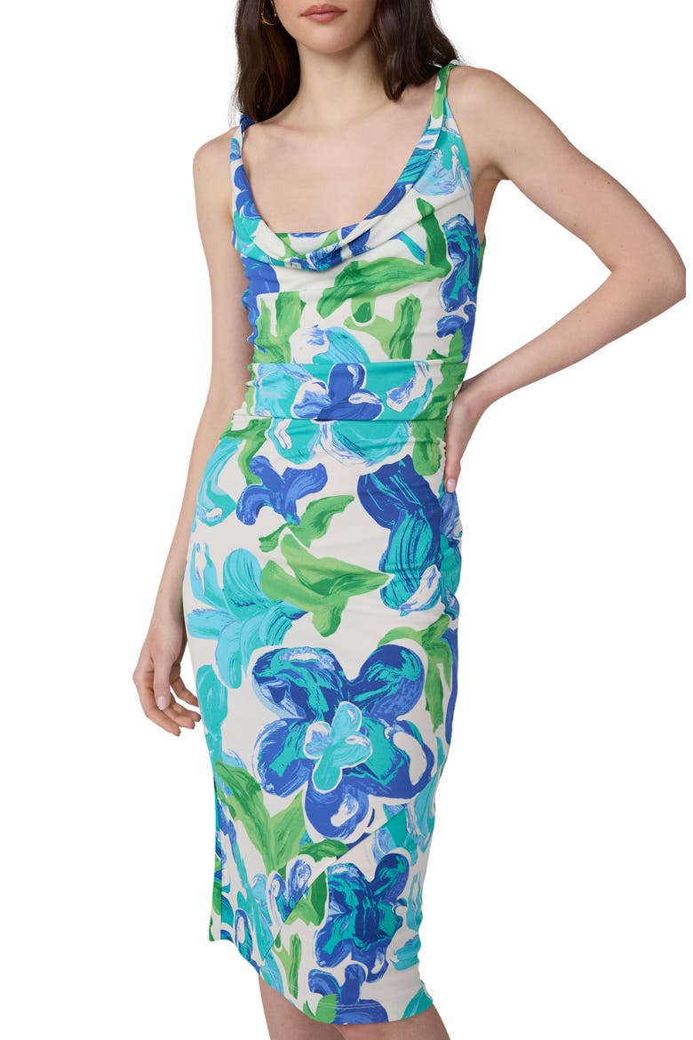 Delaney Floral Cowl Neck Dress, Alternate, color, COTE IBIZA BLUE
