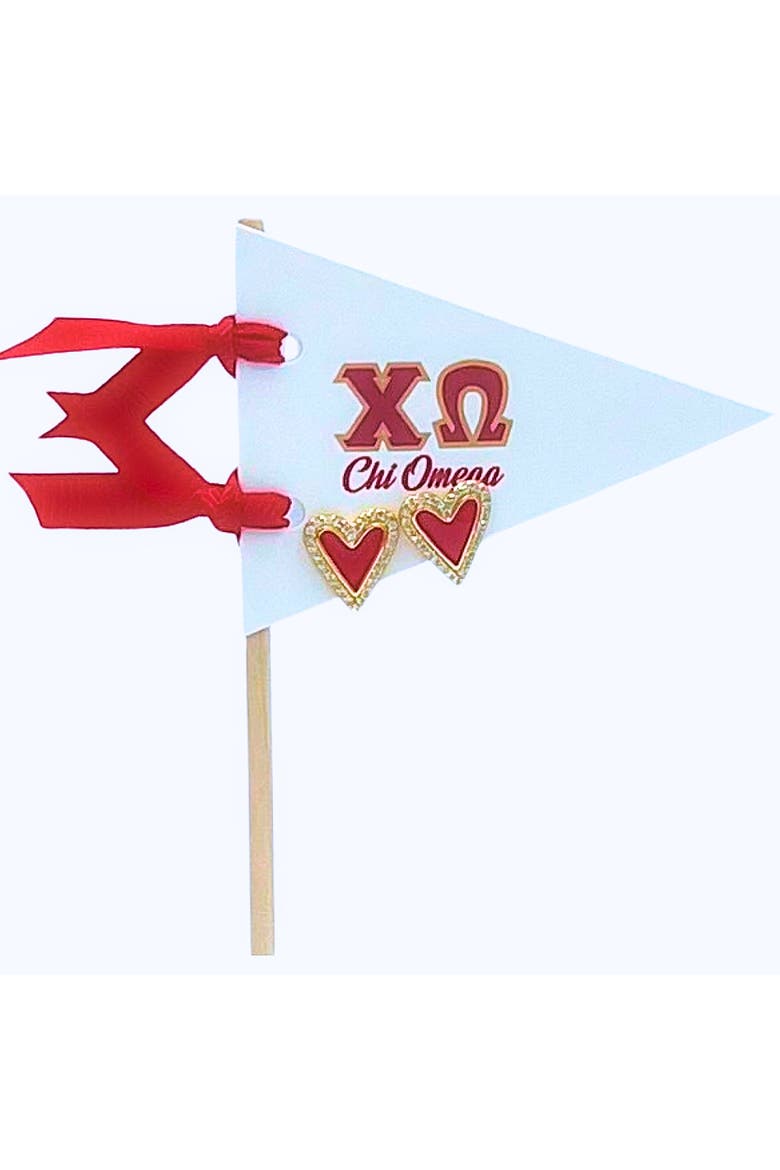 Chi Omega Heart Stud Enamel Earrings on Sorority Pennant Flag, Main, color, Yellow Gold