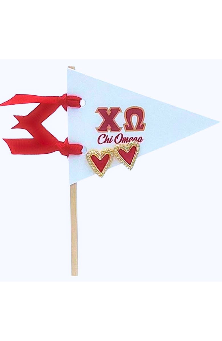 Color Shout Chi Omega Heart Stud Enamel Earrings on Sorority Pennant Flag, Main, color, Yellow Gold