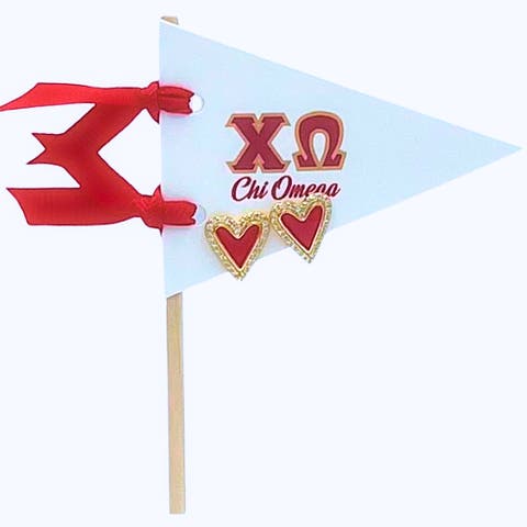 Chi Omega Heart Stud Enamel Earrings on Sorority Pennant Flag