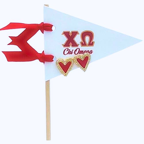 Color Shout Chi Omega Heart Stud Enamel Earrings On Sorority Pennant Flag In Gold