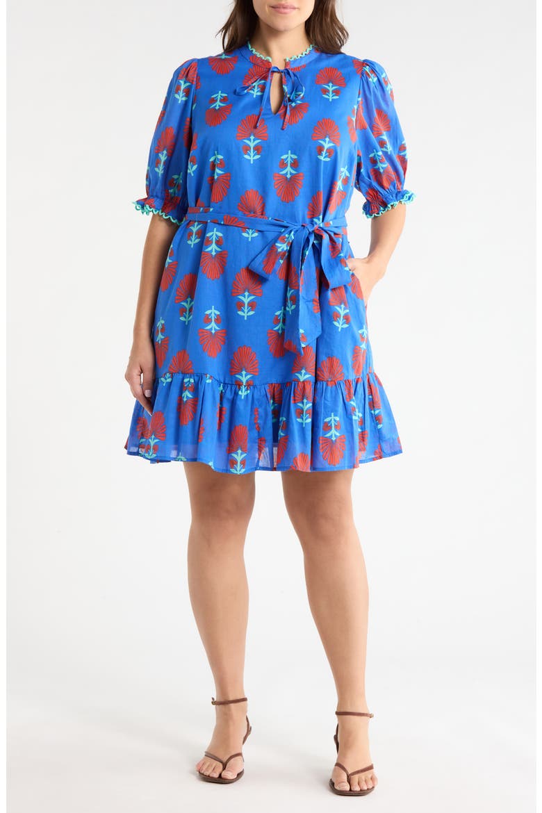 Lenira Floral Negin Split Neck Minidress, Main, color, BLUE-RED
