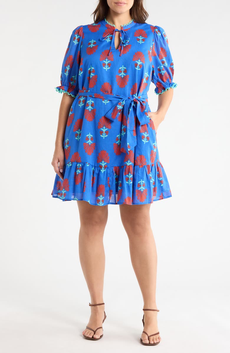 SUGARLIPS Lenira Floral Negin Split Neck Minidress, Main, color, Blue-Red