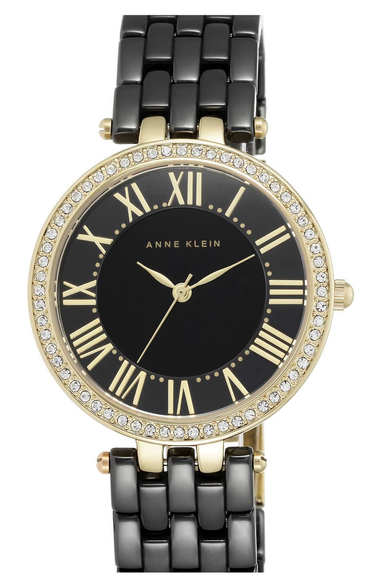Anne Klein Crystal Bezel Ceramic Bracelet Watch, 34mm, Main, color, 