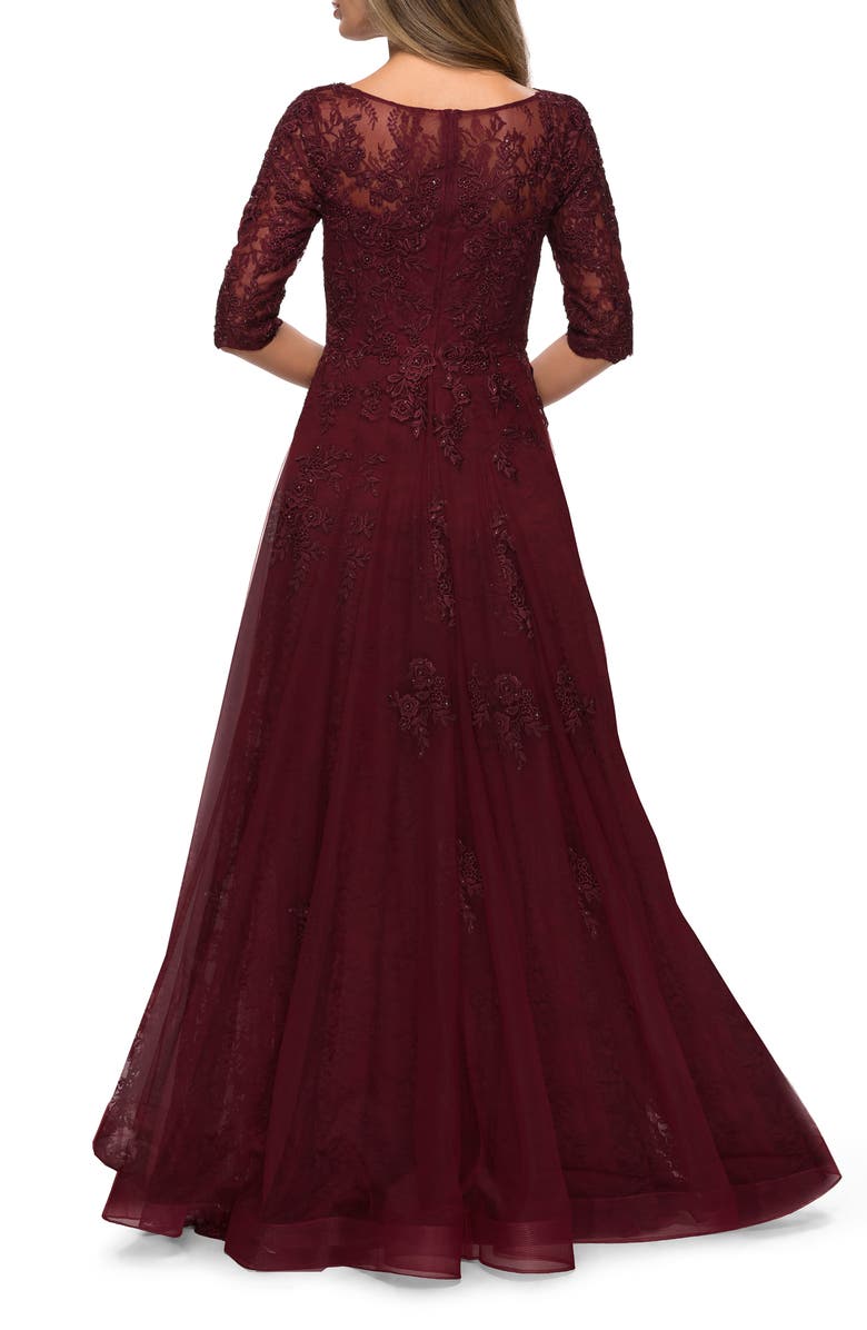 Lace and Tulle A-line Gown with Three Quarter Sleeves