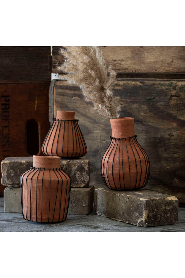 Set of 3 Natural Terracotta and Wire Decorative Bud Vases, Alternate, color, Brown