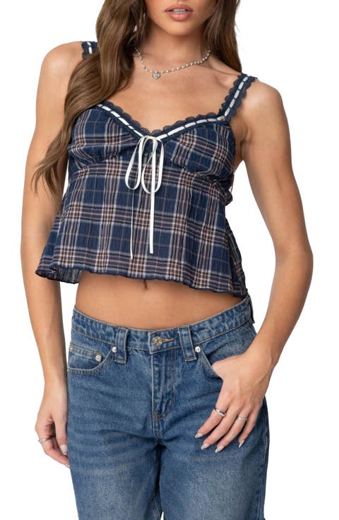 Plaid Lace Trim Crop Camisole