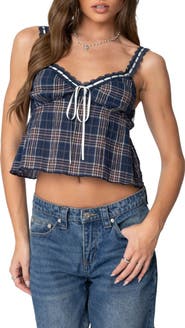 EDIKTED Plaid Lace Trim Crop Camisole