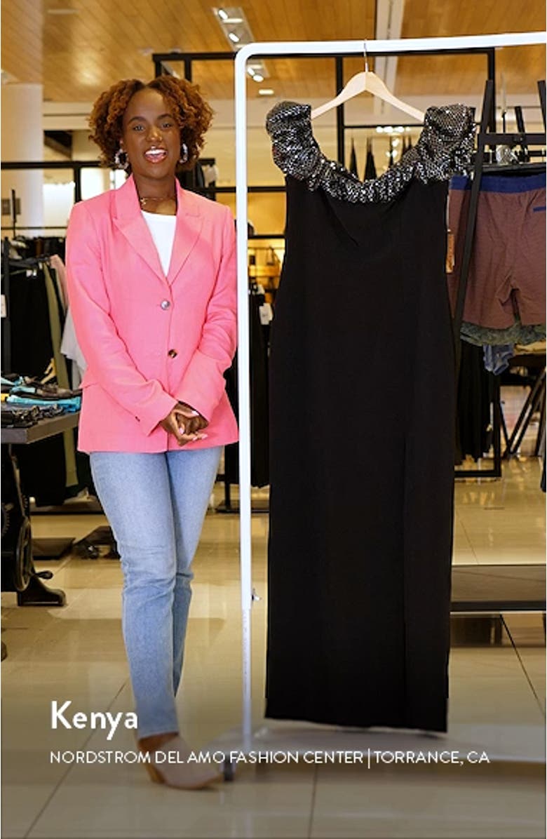 Micaela Metallic Ruffle Crepe Sheath Gown, sales video thumbnail