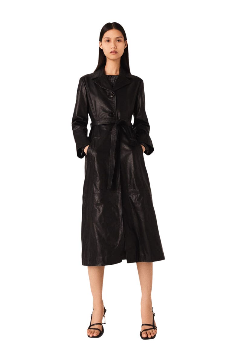 maje Long leather trench coat, Alternate, color, Black