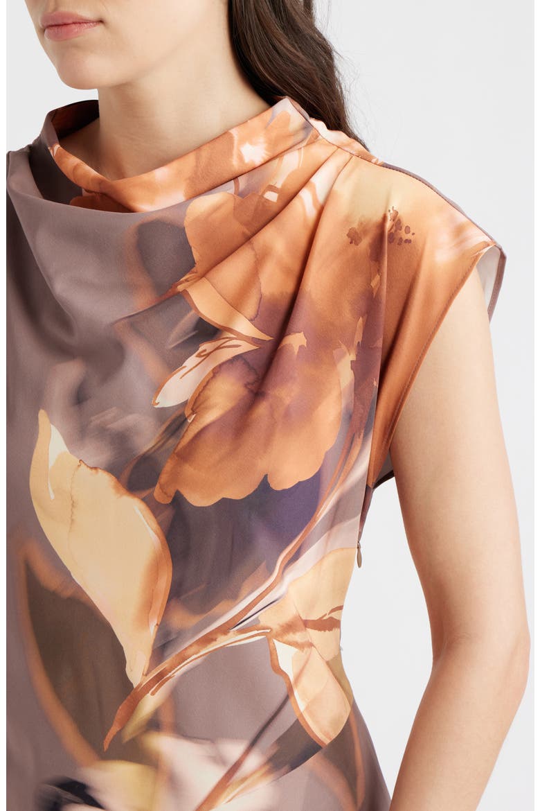Print Asymmetric Cap Sleeve Cowl Neck Dress, Alternate, color, TAUPE
