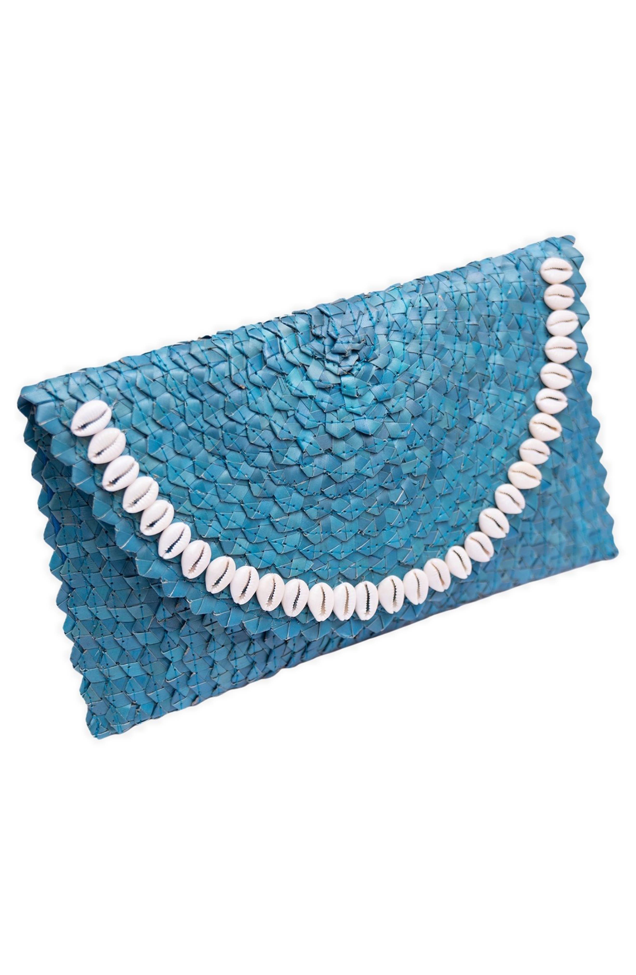 Jelavu Coco Seashell Trim Raffia Clutch, Alternate, color, Turquoise