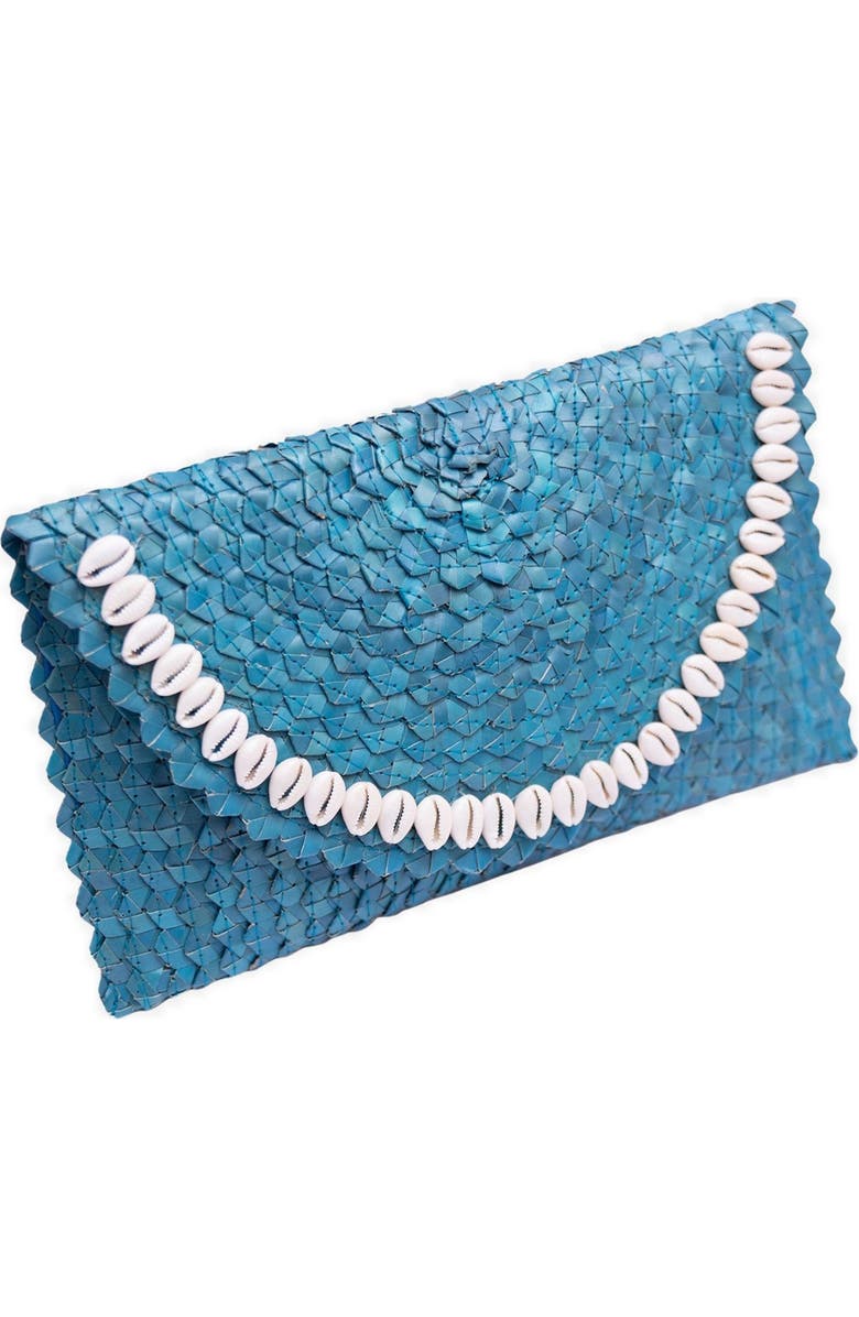 Jelavu Coco Seashell Trim Raffia Clutch, Alternate, color, Turquoise