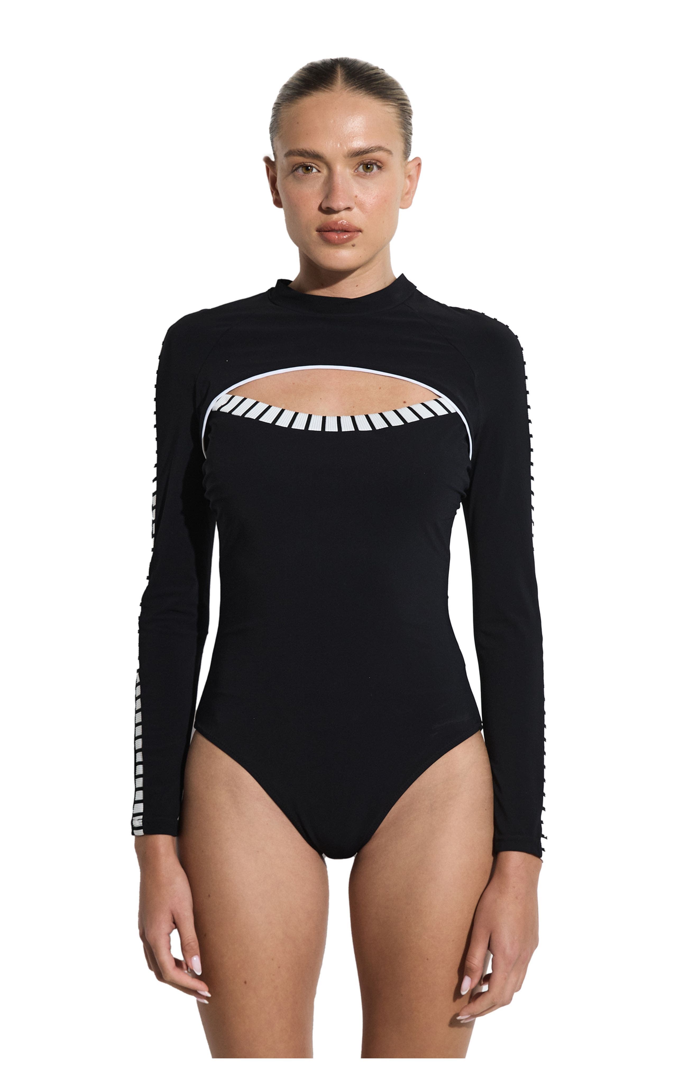 Free Sport by Gottex Coco Cut Out Long Sleeve One Piece in Black-White 