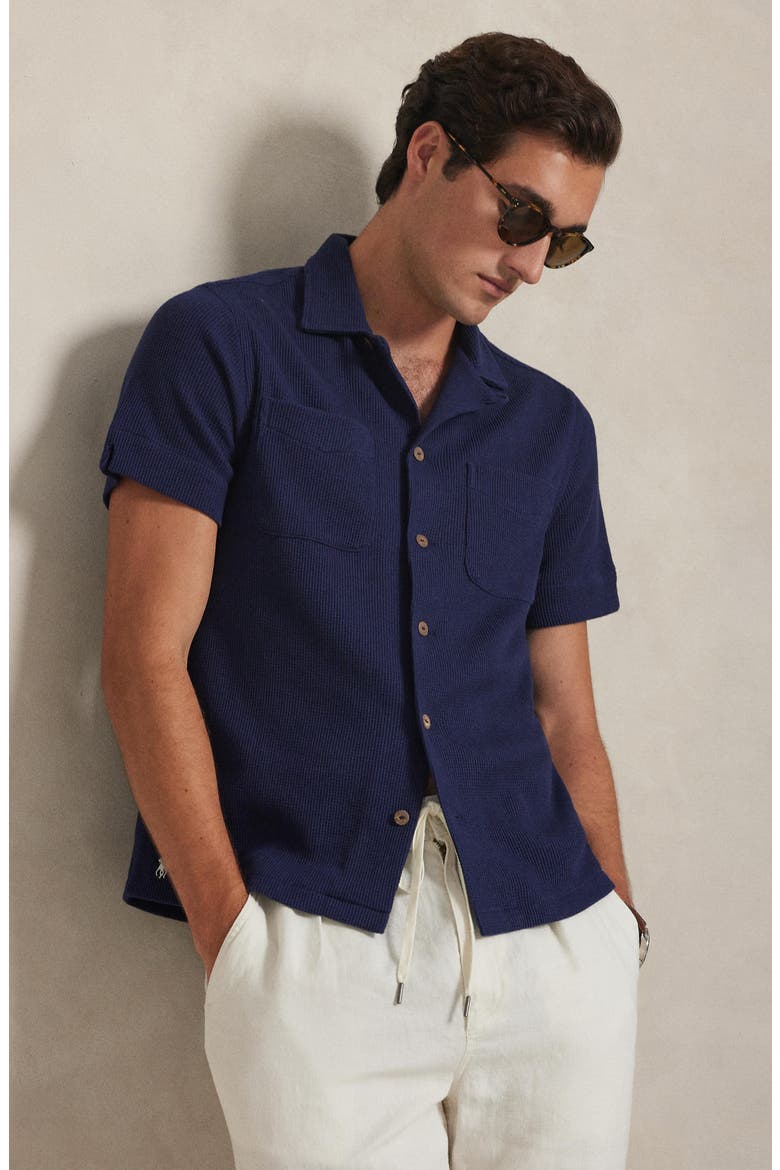 Waffle Knit Cotton & Linen Camp Shirt, Alternate, color, NEWPORT NAVY