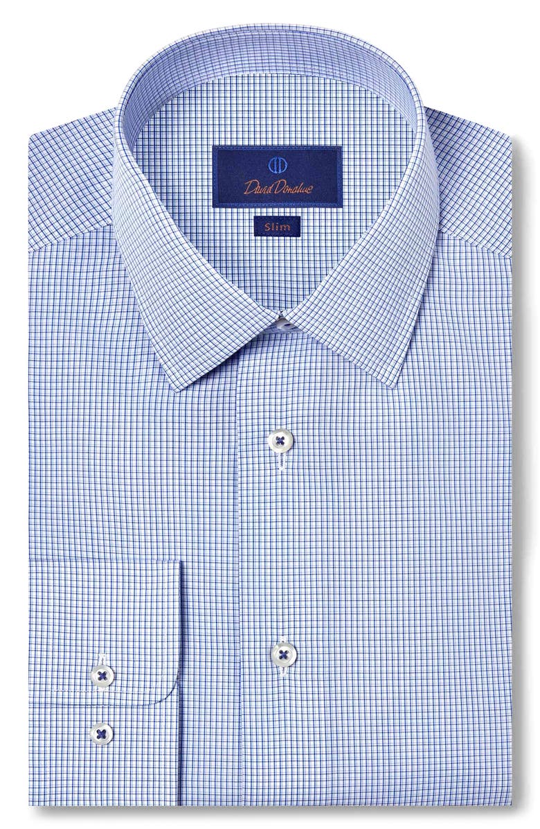 David Donahue Slim Fit Microcheck Cotton Dress Shirt, Main, color, Blue