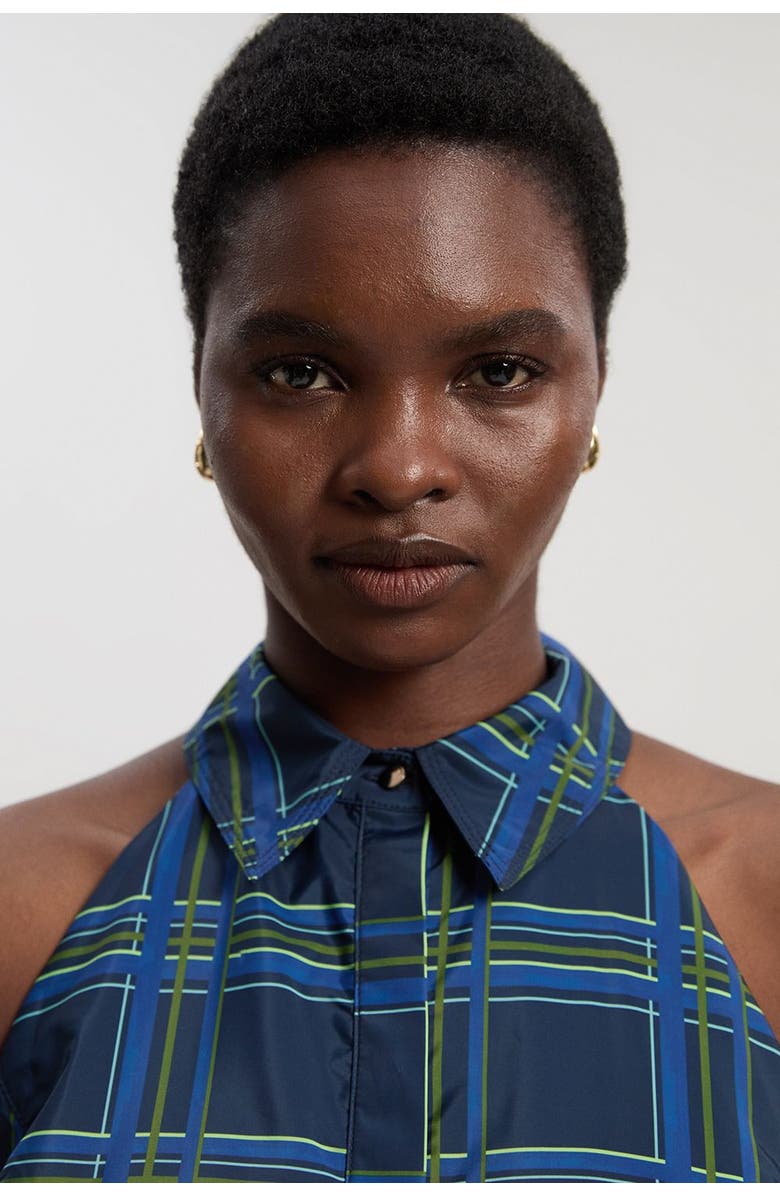 Karen Millen Check Taffeta Belted Maxi Shirt Dress, Alternate, color, Navy