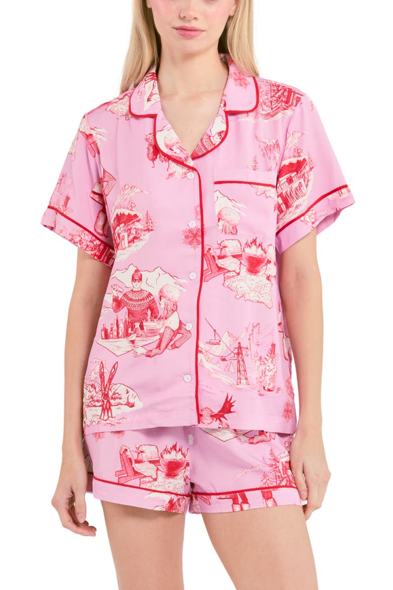 Après Ski Toile Pajama Shorts Set, Main, color, Lilac Cranberry