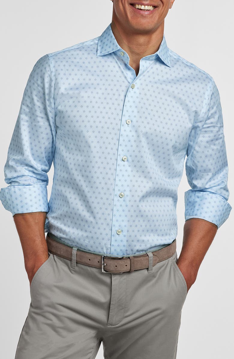 David Donahue Geometric Medallion Print Cotton Button-Up Shirt, Alternate, color, Sky/ Navy
