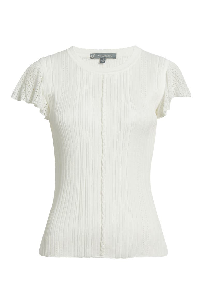 Pointelle Flutter Sleeve Sweater, Alternate, color, OFF WHITE