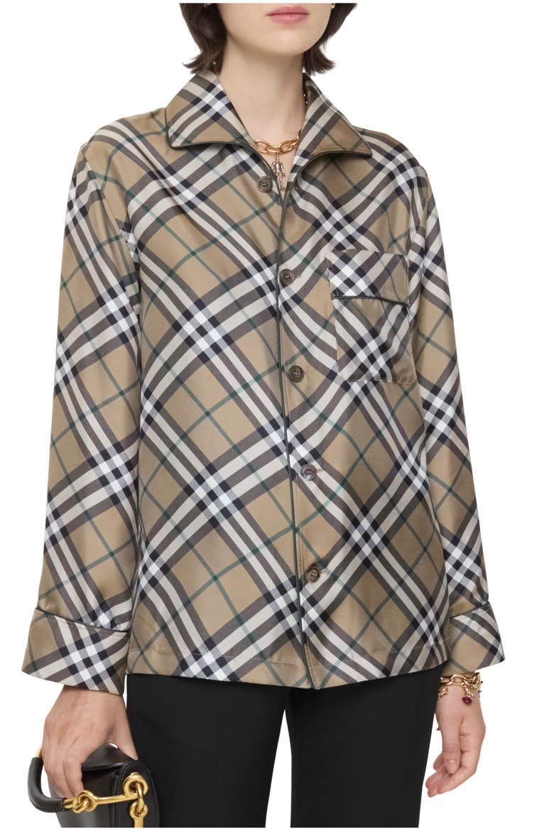 Check Silk Pyjama Shirt, Main, color, Linden beige
