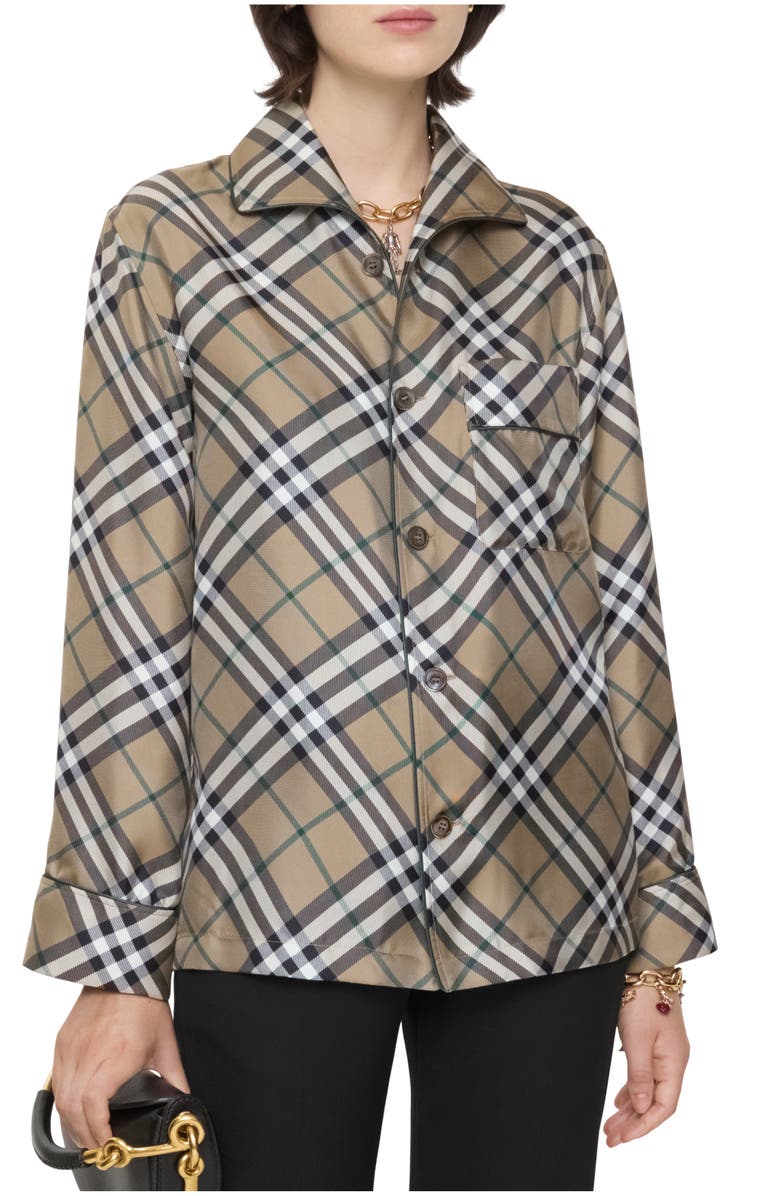 Burberry Check Silk Pyjama Shirt, Main, color, Linden Beige