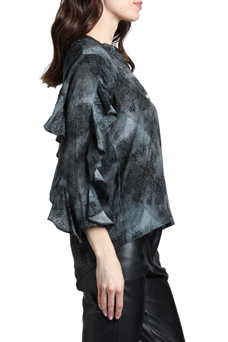 Mixed Print Ruffle Sleeve Button-Up Shirt, Alternate, color, BLACK MULTI