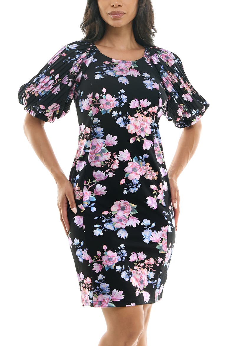 Floral Puff Sleeve Dress, Alternate, color, BLACK/ PINK MULTI
