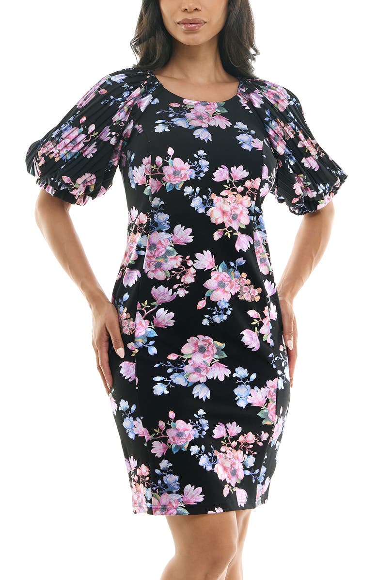 Nina Leonard Floral Puff Sleeve Dress, Alternate, color, Black/ Pink Multi