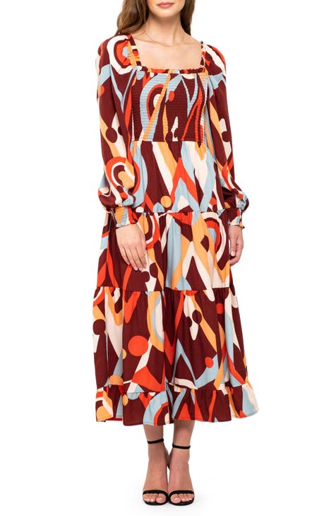 Abstract Print Long Sleeve Tiered Dress