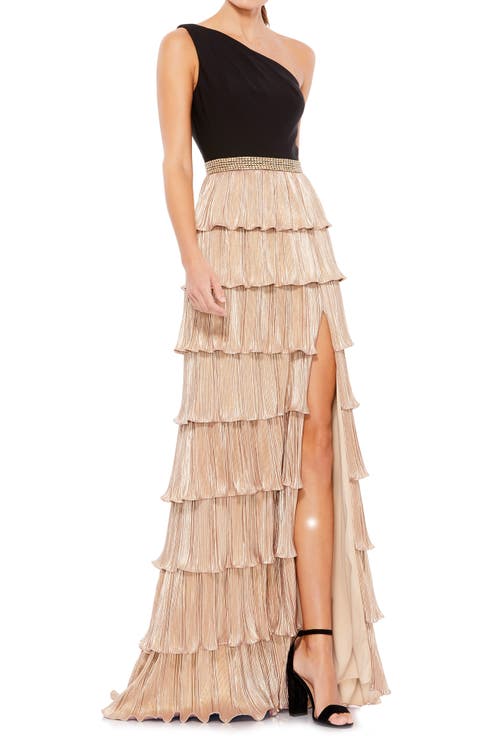 Women's Metallic One Shoulder Ruffle Tiered A Line Gown