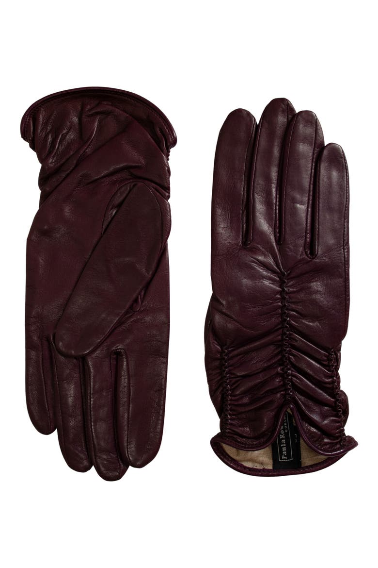 Renee Ruched Leather Gloves, Main, color, BORDEAUX