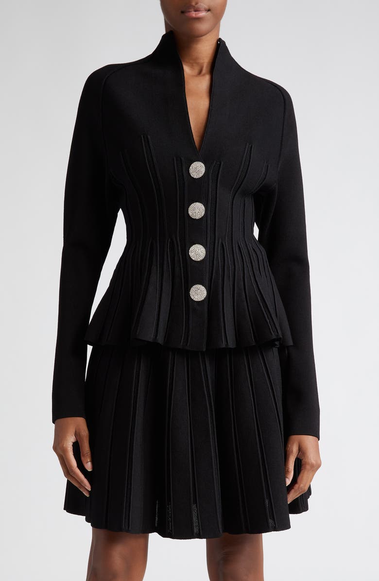 Balmain Crystal Button Peplum Rib Cardigan, Main, color,