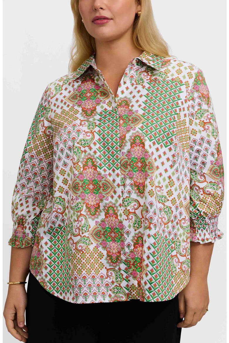 Olivia Patchwork Print Smocked Cuff Cotton Button-Up Shirt, Main, color, GREEN MULTI