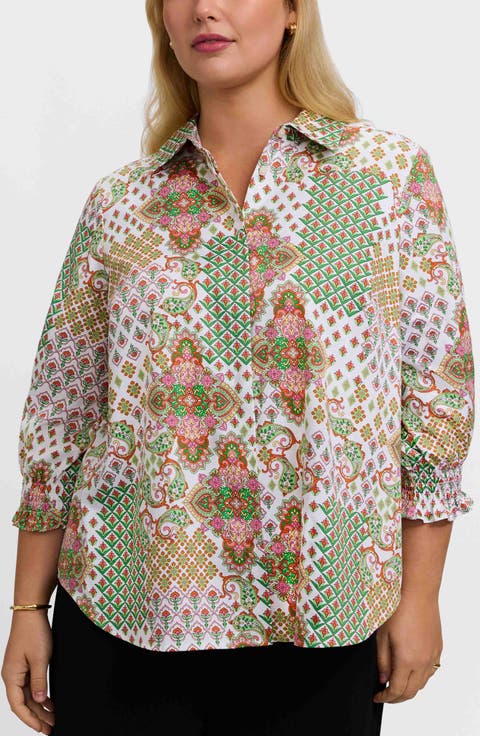 Olivia Patchwork Print Smocked Cuff Cotton Button-Up Shirt (Plus)